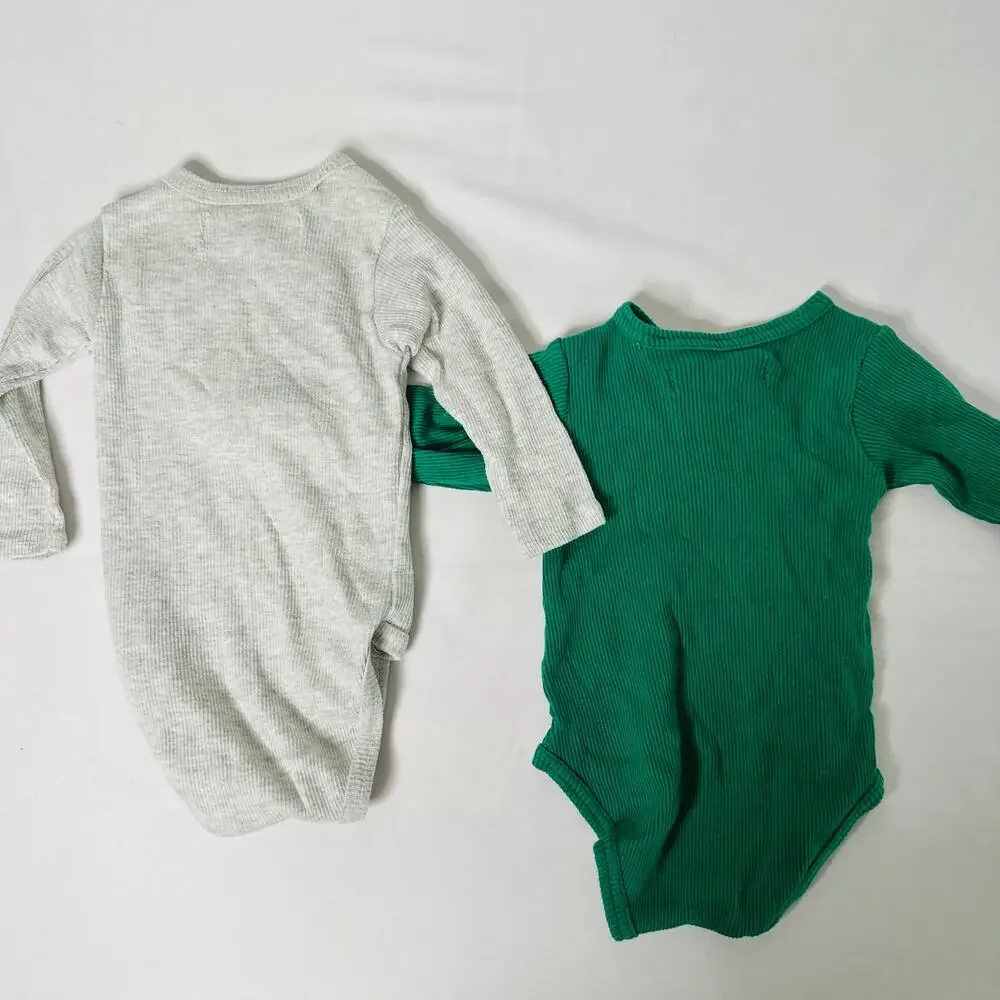 Mother's Promise Bundle of 2 Green & Gray Long Sleeve Ruffle Bodysuit Sz 3-6 mo